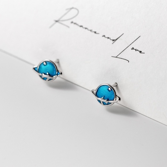 S925 planet Earth Star Studs Earrings-Blue Earrings- SS020 - Picture 2 of 9